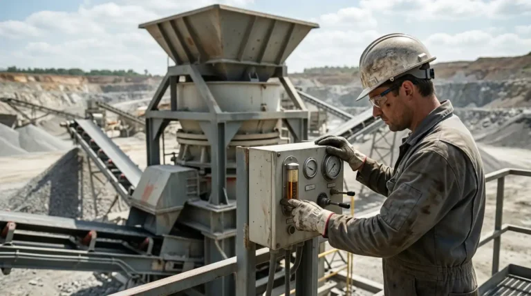 Técnico verificando leituras de óleo e hidráulica durante uma verificação diária de manutenção de britador de cone