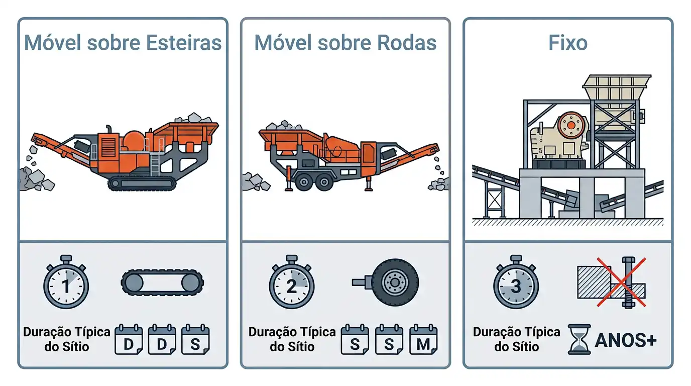 Infográfico comparando o tempo de instalação e o método de realocação de britadores de mandíbulas móveis sobre esteiras, sobre rodas e estacionários