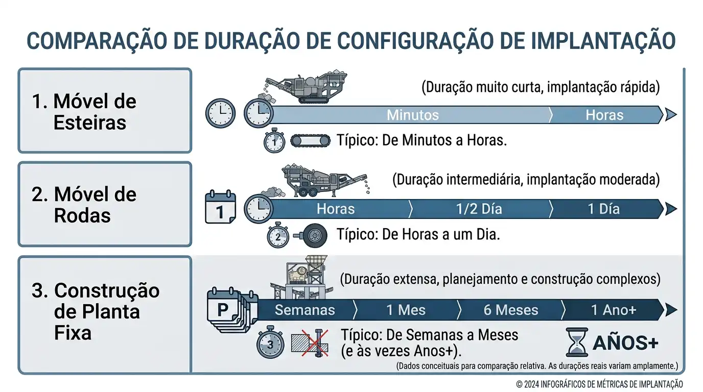 Infográfico de linha do tempo comparando o tempo de instalação de britadores móveis sobre esteiras, sobre rodas e de plantas estacionárias