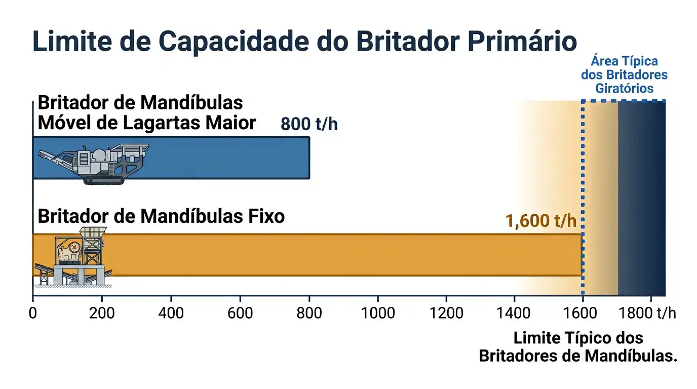 Gráfico de barras mostrando o limite de produção de britadores móveis sobre esteiras em comparação com britadores de mandíbulas estacionários