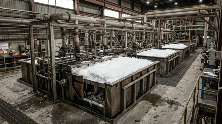 Banco de células mecânicas de flotação com espuma mineral visível em uma planta de processamento