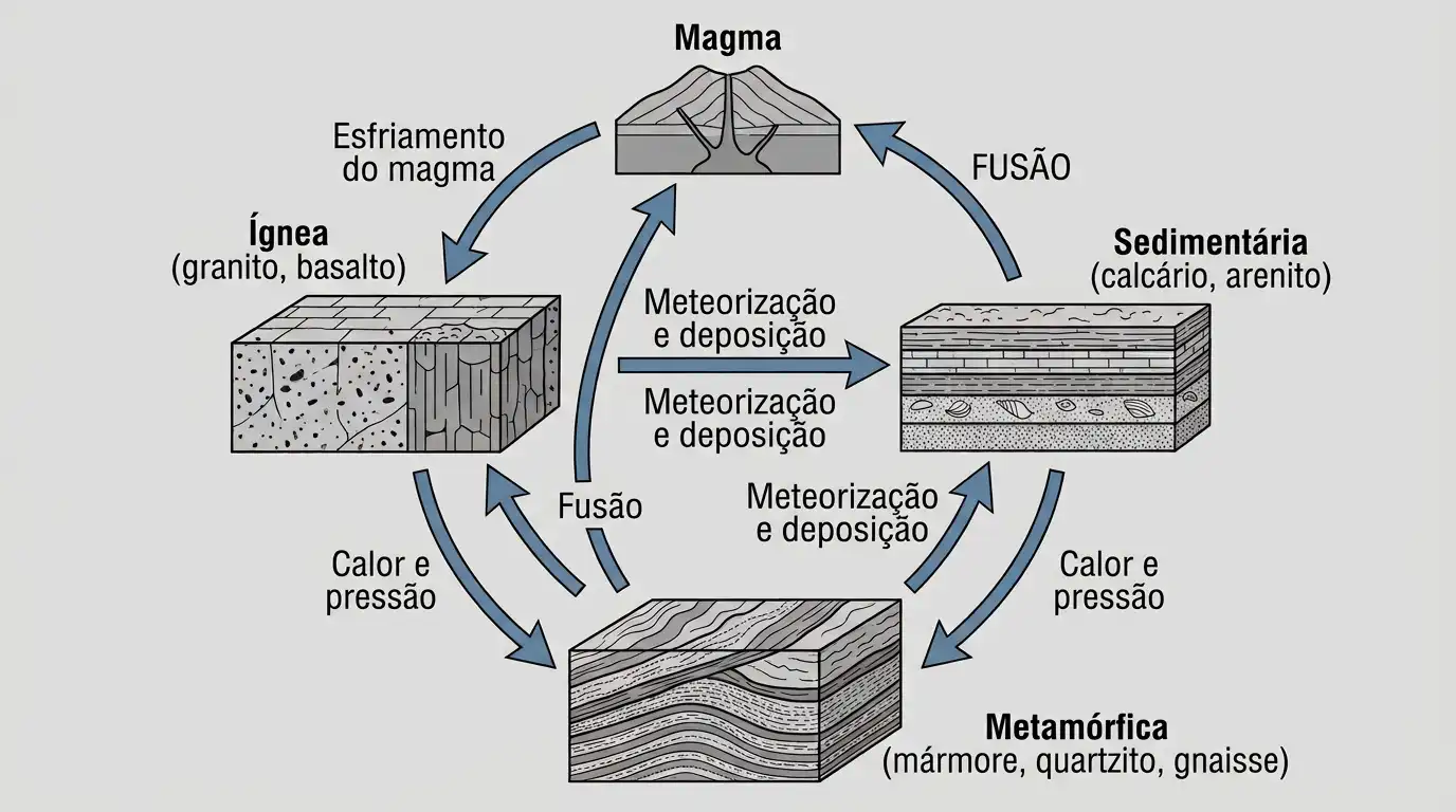 Diagrama do ciclo das rochas com granito, basalto, calcário e gnaisse