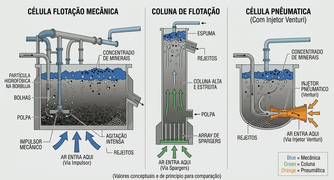 Diagrama comparando células de flotação mecânica, de coluna e pneumática lado a lado