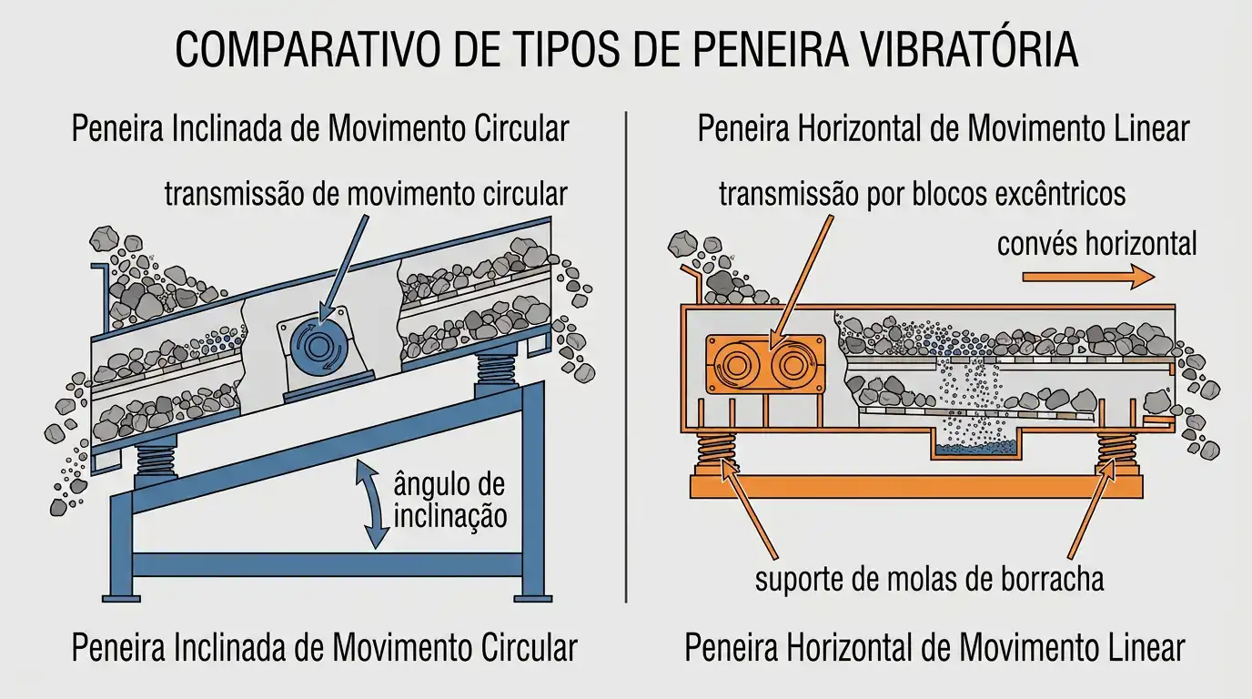 Diagrama comparando uma peneira vibratória inclinada de movimento circular e uma peneira linear de alta velocidade