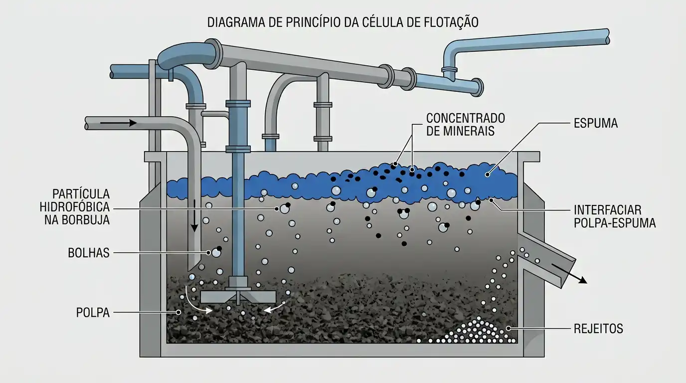Diagrama de uma célula de flotação mostrando polpa, bolhas de ar, espuma mineral e rejeito
