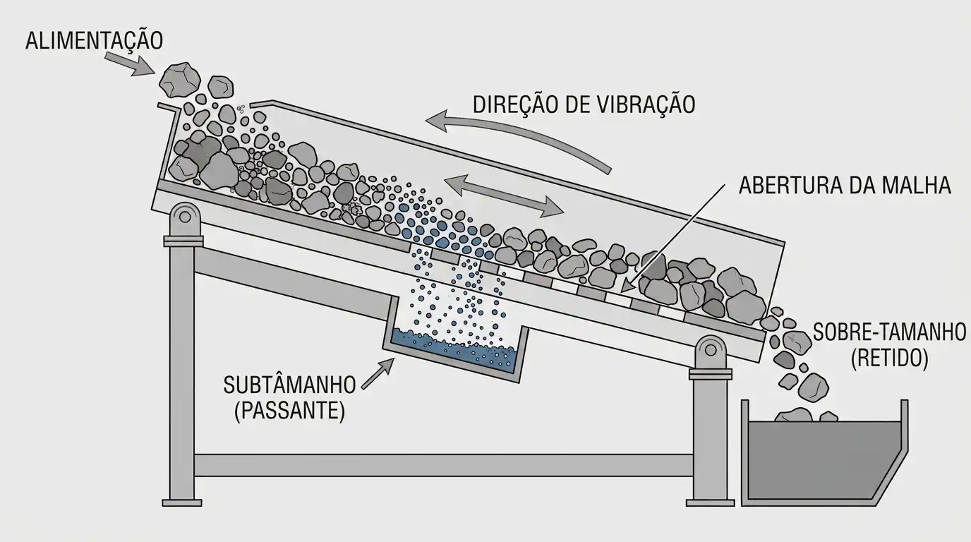 Diagrama em corte de uma tela de peneira vibratória mostrando partículas finas passando e sobretamanho retido