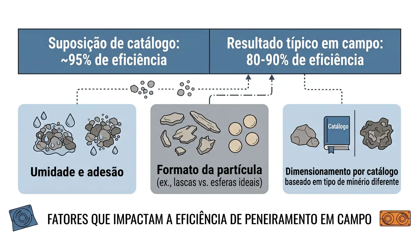 Infográfico comparando as suposições de eficiência de peneiração de catálogo com os resultados reais em campo e suas principais causas
