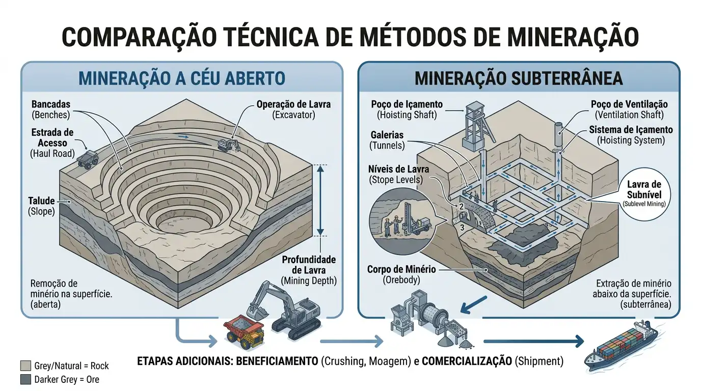 Diagrama comparando a mineração a céu aberto em bancadas com a mineração subterrânea em galerias e painéis de lavra