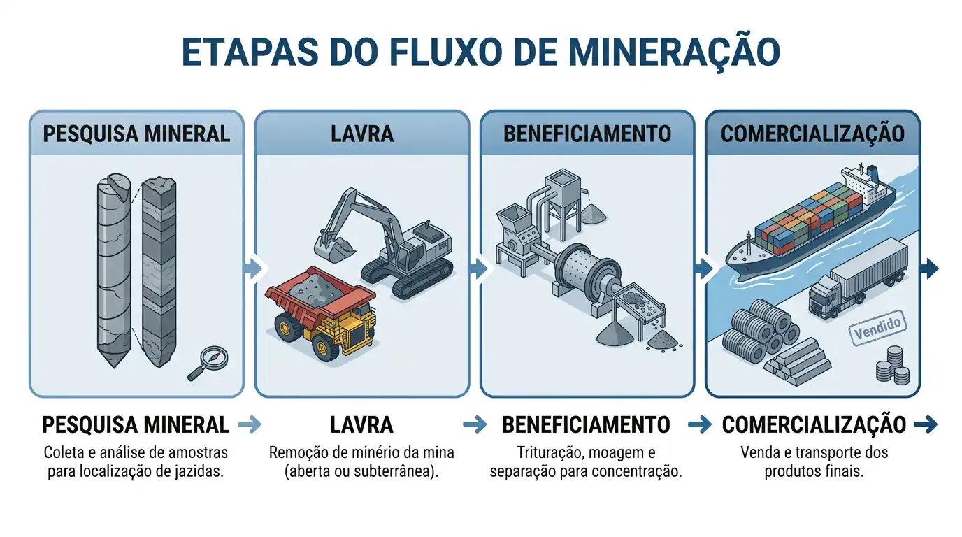Infográfico das quatro etapas do processo de mineração: pesquisa mineral, lavra, beneficiamento e comercialização