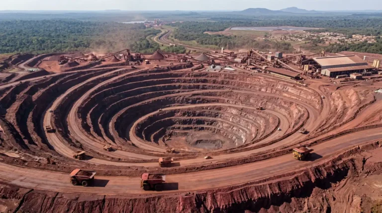 Vista aérea de uma mina de minério de ferro a céu aberto no Brasil, com bancadas escalonadas e caminhões de transporte