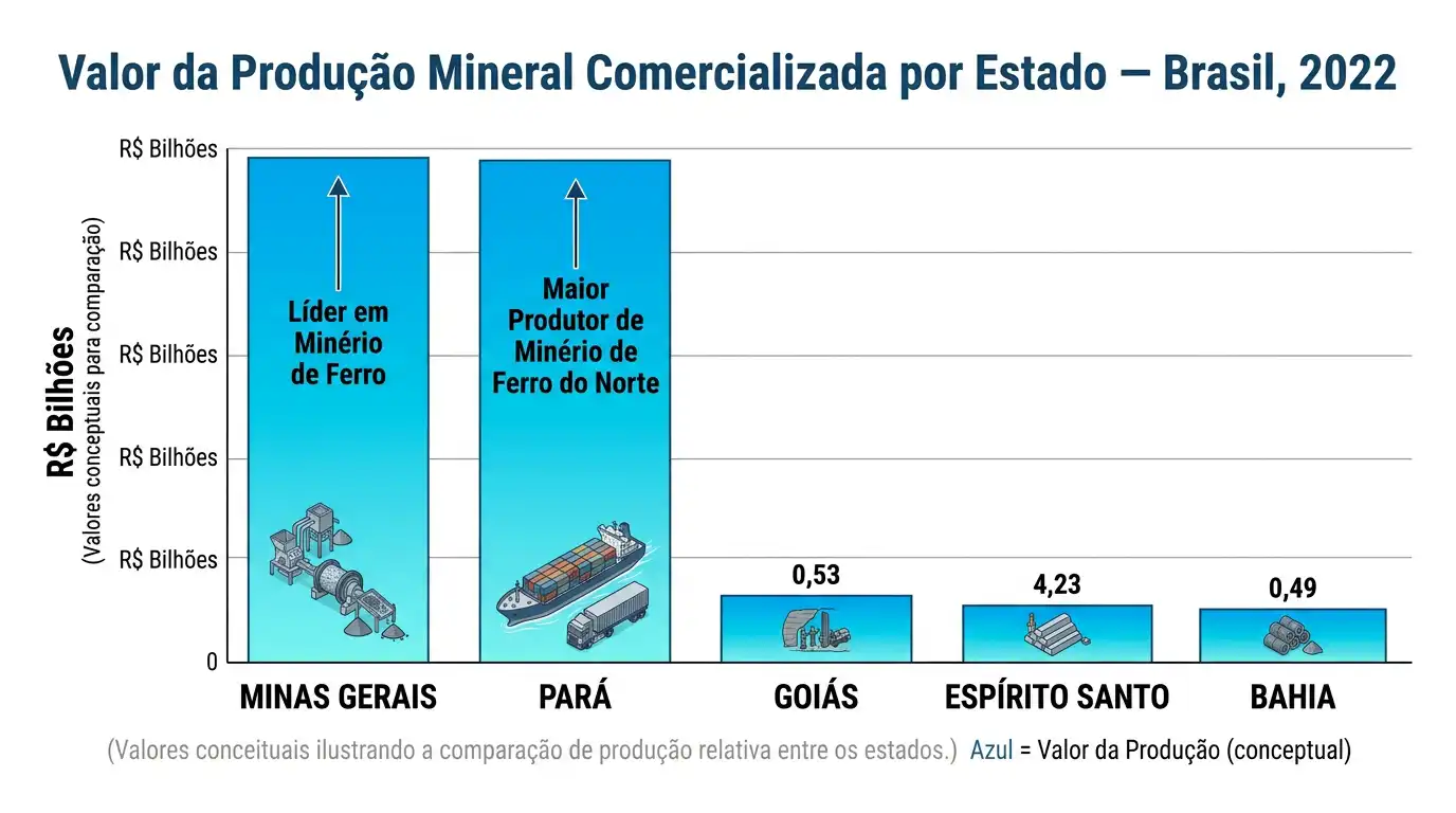 Gráfico de barras do valor da produção mineral comercializada por estado no Brasil em 2022, liderado por Minas Gerais e Pará