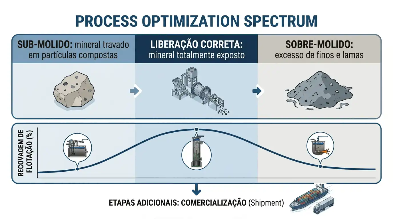 Infográfico mostrando como a submoagem e a sobremoagem reduzem a recuperação de flotação frente à liberação correta