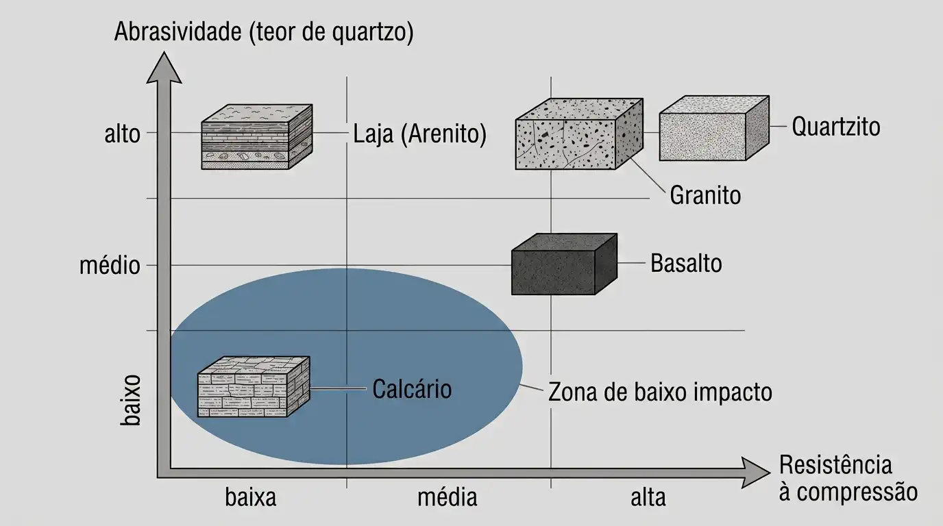 Gráfico de resistência e abrasividade de granito, gnaisse, basalto e calcário