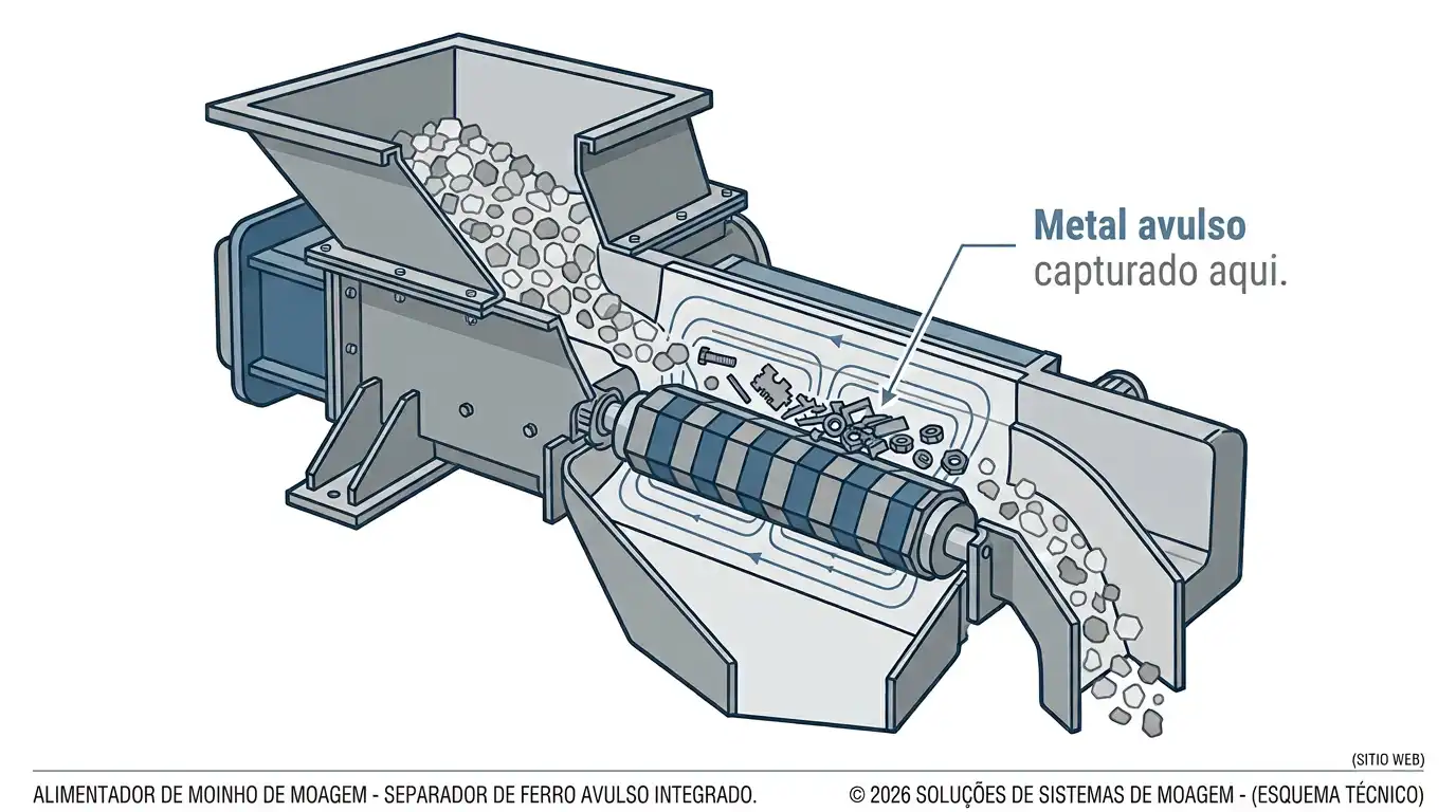 Corte técnico mostrando um rolo magnético integrado dentro do alimentador de um moinho, retendo metal estranho