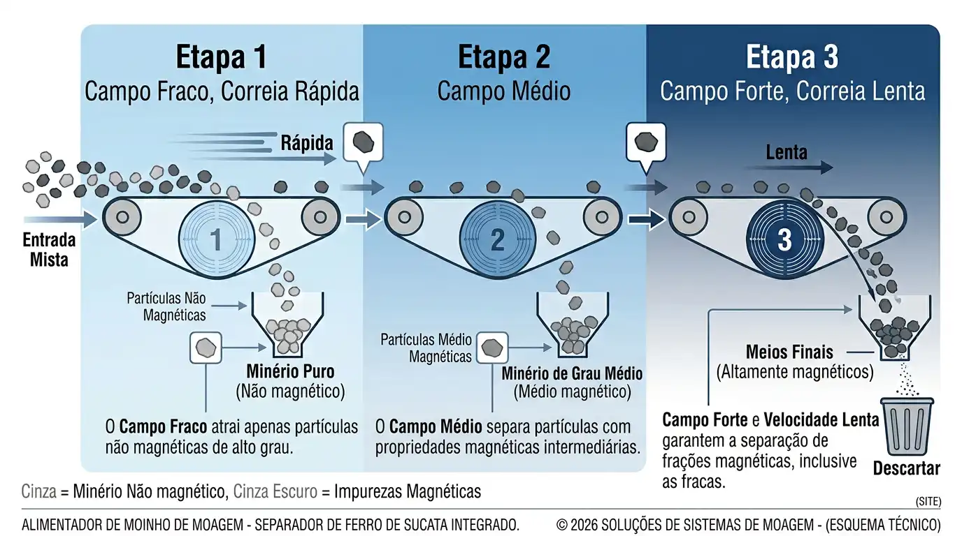 Diagrama de fluxo de um circuito de separador magnético em três etapas, com intensidade de campo crescente e velocidade de esteira decrescente