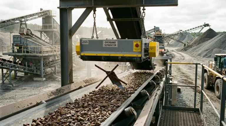 Separador magnético suspenso levantando um fragmento de metal de rocha britada em uma esteira transportadora