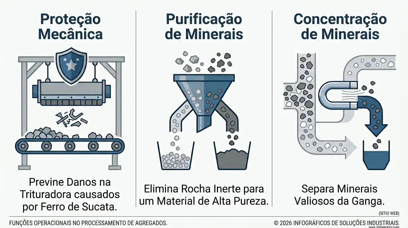 Infográfico comparando três aplicações do separador magnético: proteção mecânica, purificação mineral e concentração de minério